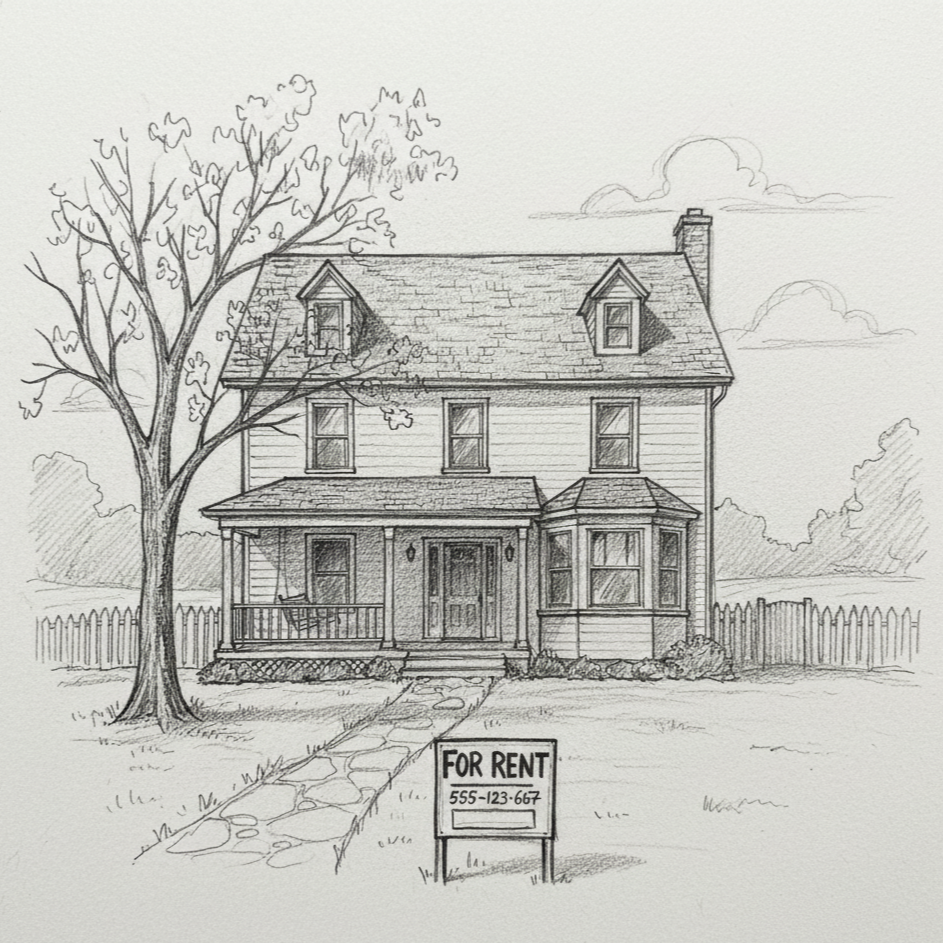 Sketch of a two-story house with a tree and a 'For Rent' sign in the front yard.