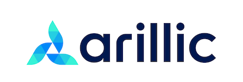 The image features a logo with a stylized leaf design in shades of blue and green, followed by the text 'arillic' in lowercase dark blue letters.
