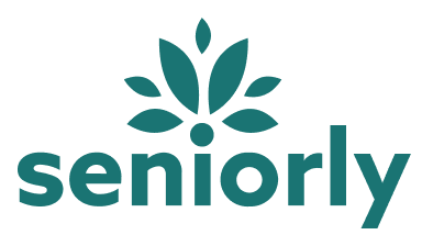 The image features the seniorly logo with a stylized teal flower above the word "seniorly" in teal lowercase letters.