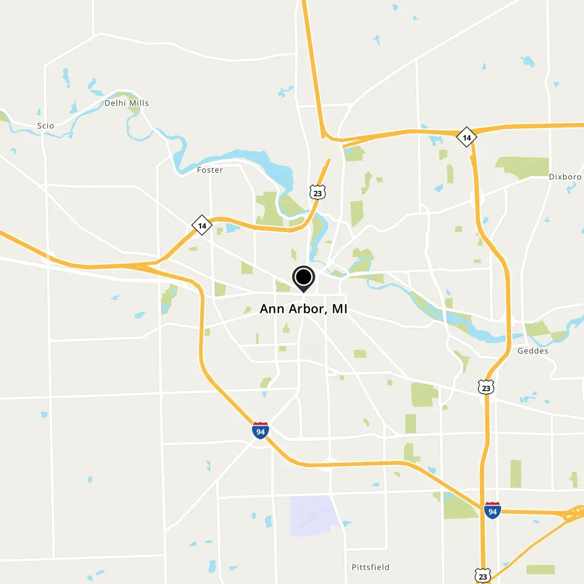 Map of Ann Arbor, Michigan, showing major roads and waterways.