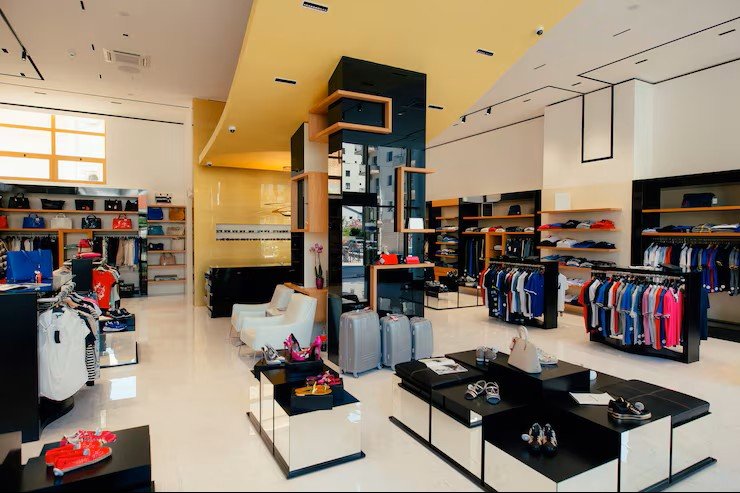 Inside a clothing store with racks of colorful clothes, shelves with handbags, luggage, and accessories, and a modern, stylish interior design.