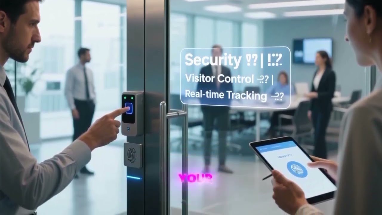 Man and woman using fingerprint scanners for access control at an office entrance, with digital security information displayed on glass about security, visitor control, and real-time tracking.
