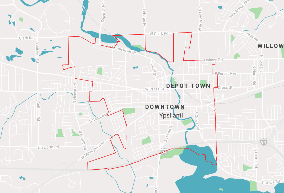 Map showing the boundaries of Ypsilanti, Michigan, with labels for Downtown and Depot Town, streets, rivers, and lakes.