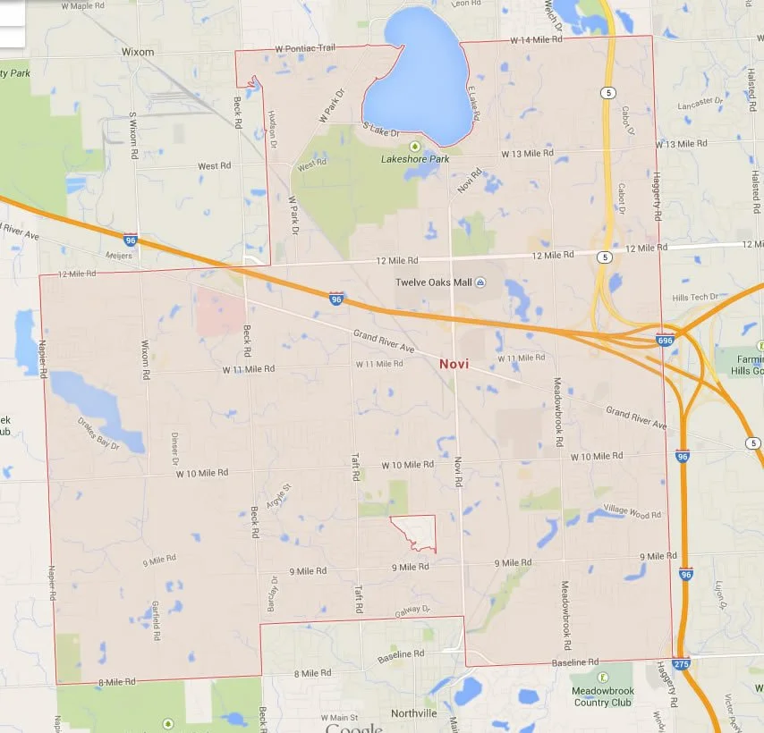 Map of an area around Novi, Michigan showing lakes, parks, roads, and highways including I-96 and I-696.