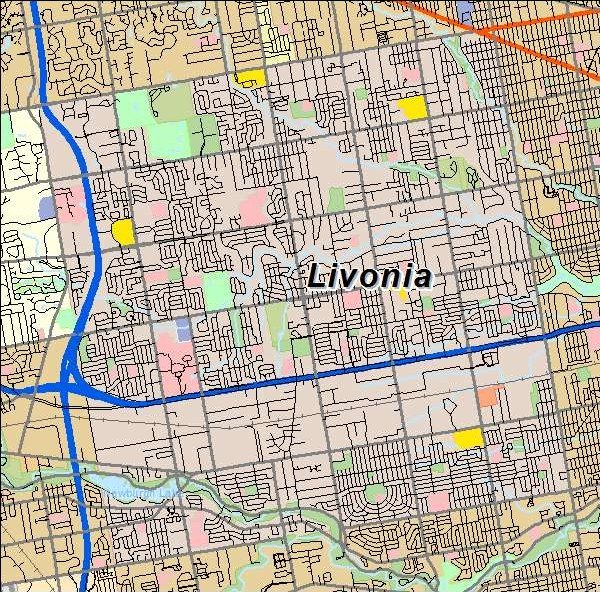 A detailed map of Livonia, highlighting roads, highways, and geographic features in a suburban area.