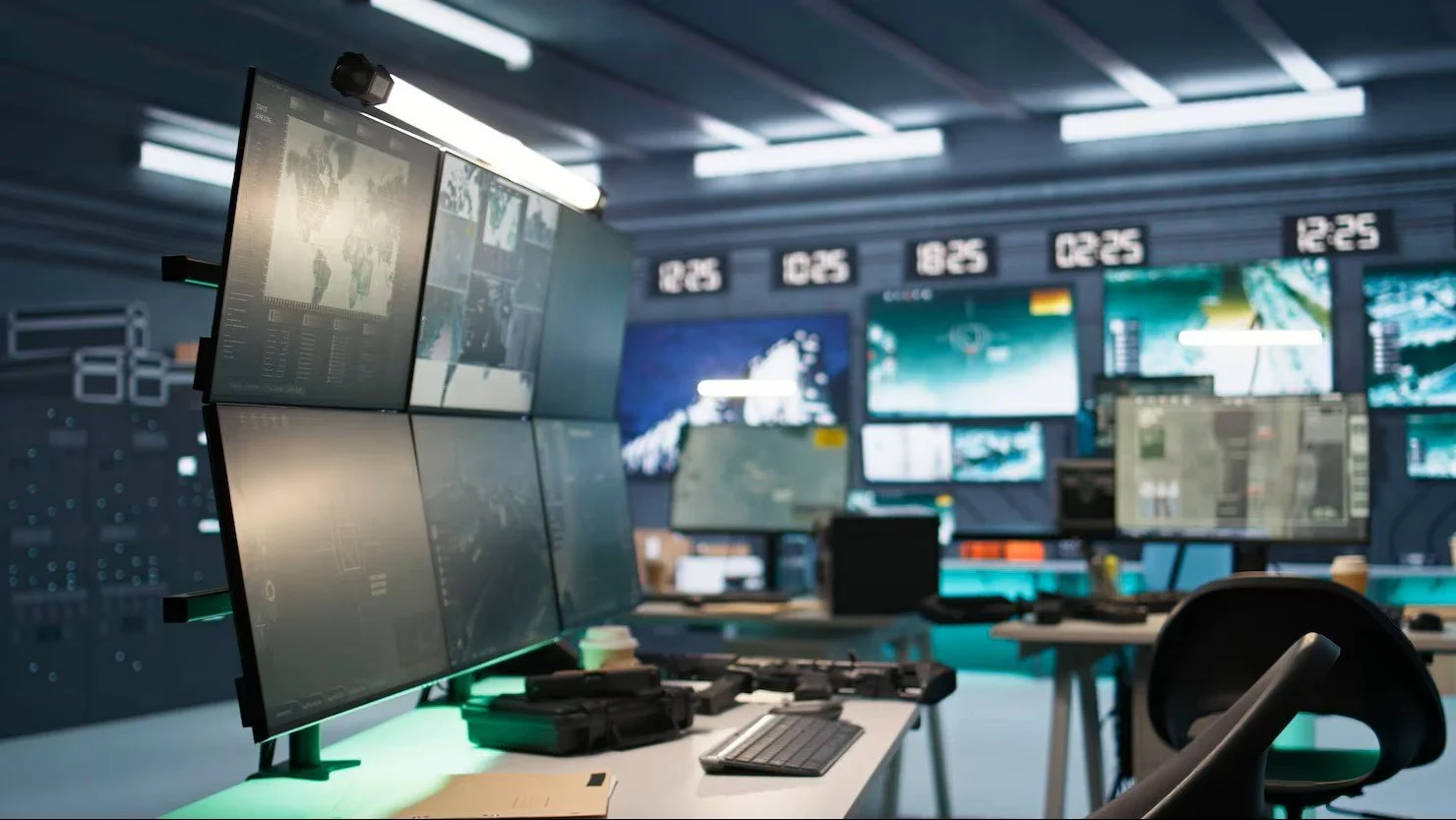 A control room with multiple large monitors displaying maps, surveillance footage, and data, along with keyboards and other equipment on tables.