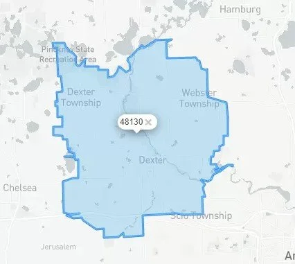 Map showing the area of Dexter Township in zip code 48130.
