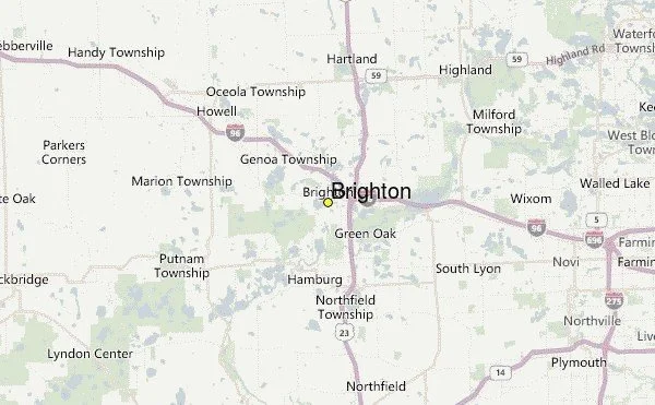 Map showing Brighton, Michigan, and surrounding towns including Green Oak, Howell, Hamburg, Northfield, and Wixom, with major roads and highways.