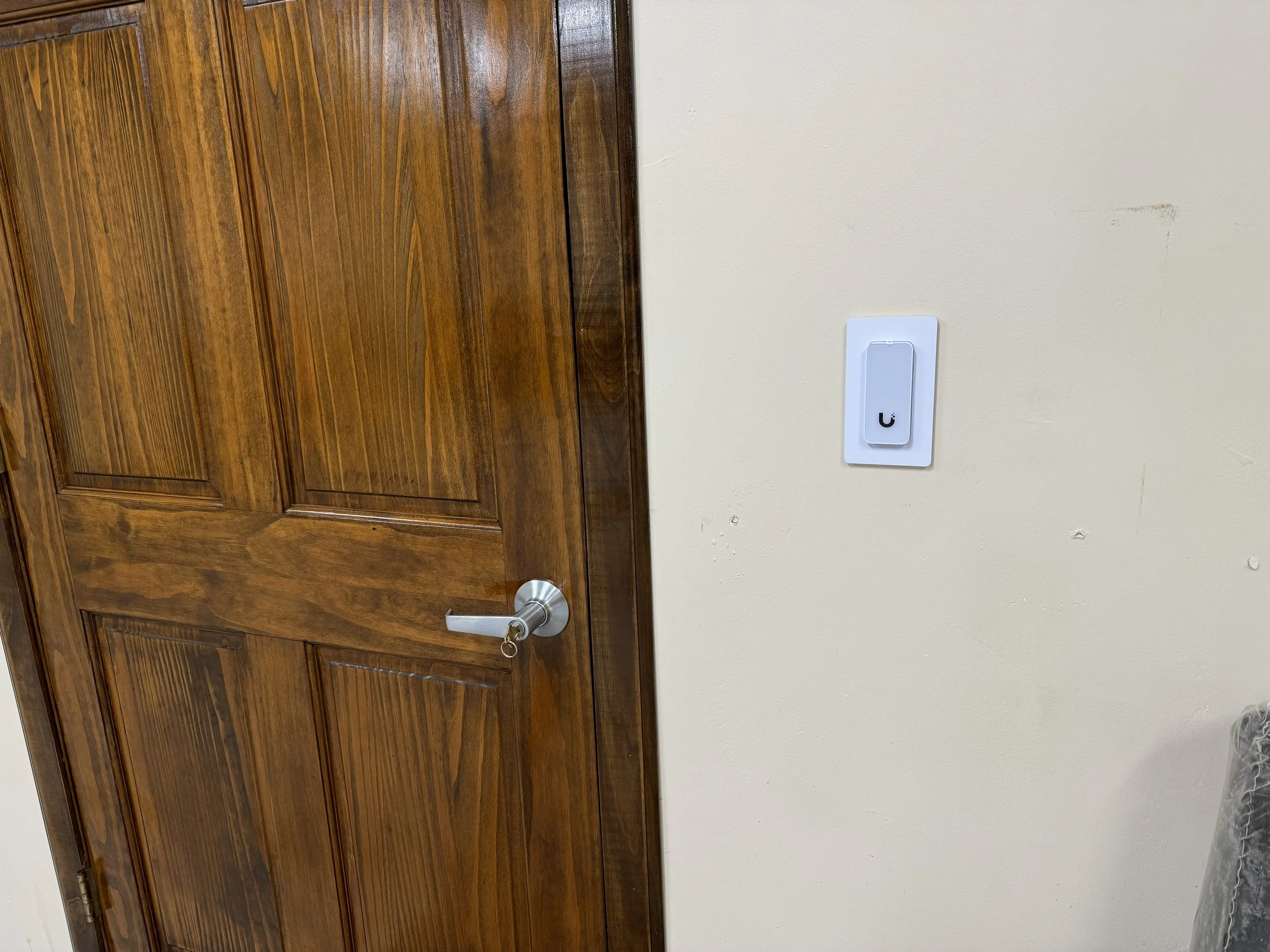 A wooden door with a silver handle next to a white wall with a light switch.