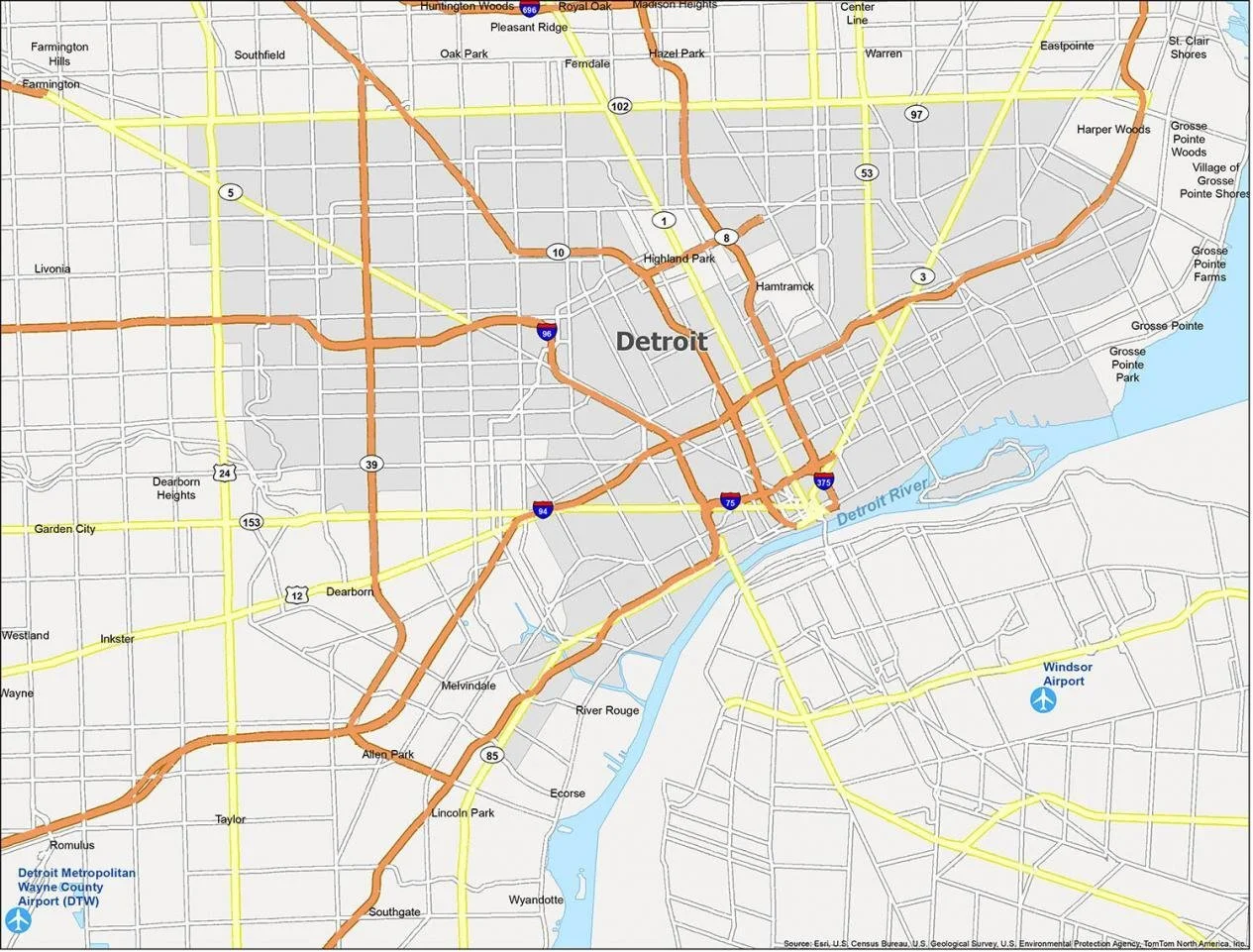 Map of Detroit, Michigan, showing major roads, highways, and landmarks including Detroit Metropolitan Wayne County Airport and Windsor Airport.