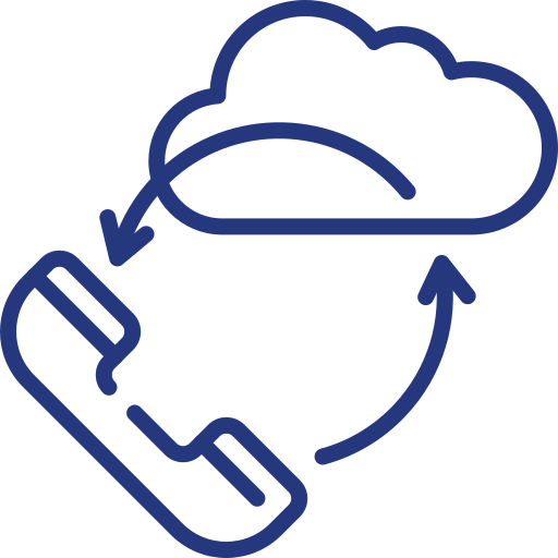 Icon of a cloud and a telephone connected with arrows, representing cloud calling or voice over IP (VoIP).