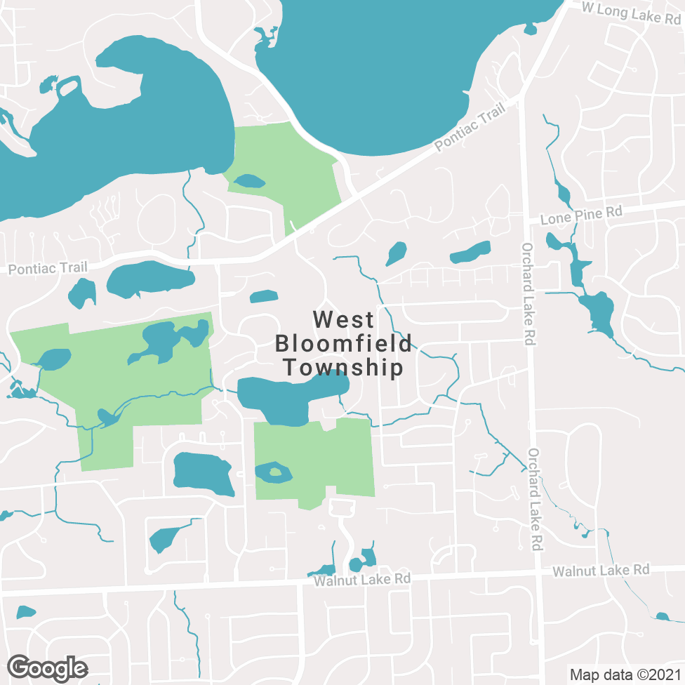 Map of West Bloomfield Township showing lakes, roads, and parks.