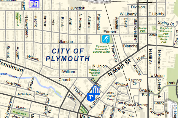 Map of Plymouth city with streets, parks, and landmarks including Veteran's Memorial Park, Plymouth Community Cultural Center, and Windmill Park.