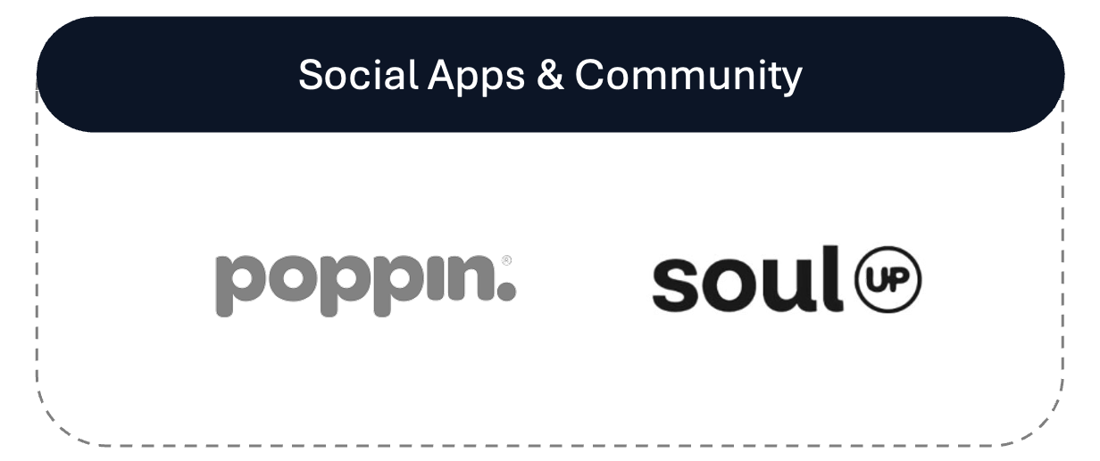 Tela com título 'Social Apps & Community' e logotipos do Poppin e SoulUp
