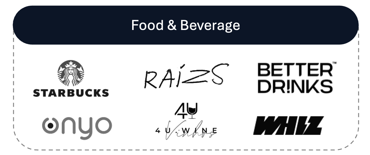 Publicidade do Starbucks com alimentos e bebidas, incluindo arroz, melhor drinks, e opções de comida para comer, lado esquerdo a logomarca da Starbucks, fundo azul escuro.