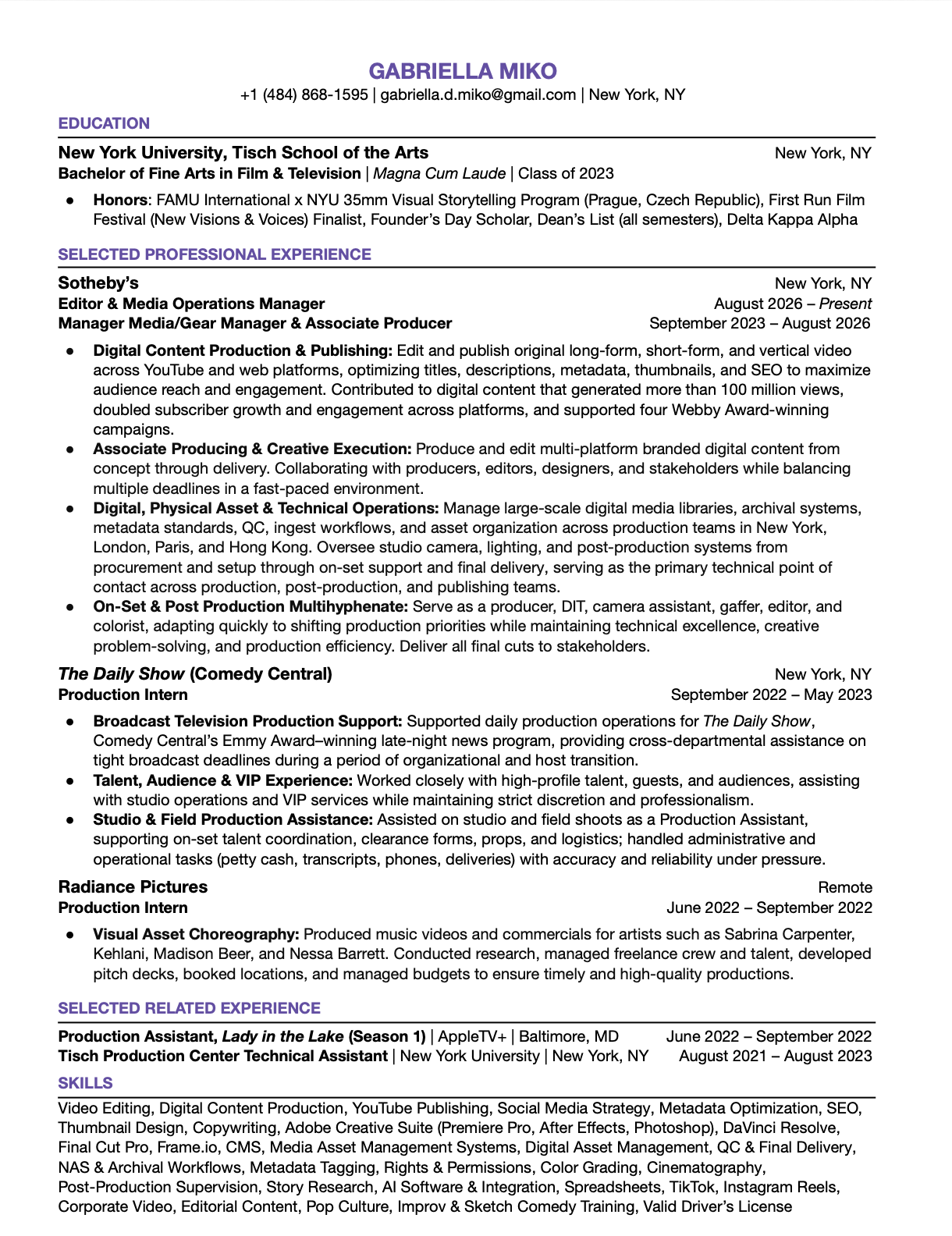 Resume of Gabriella Miko listing education and professional experience in film and television, including roles in media operations, digital content production, and behind-the-scenes support at various media companies.