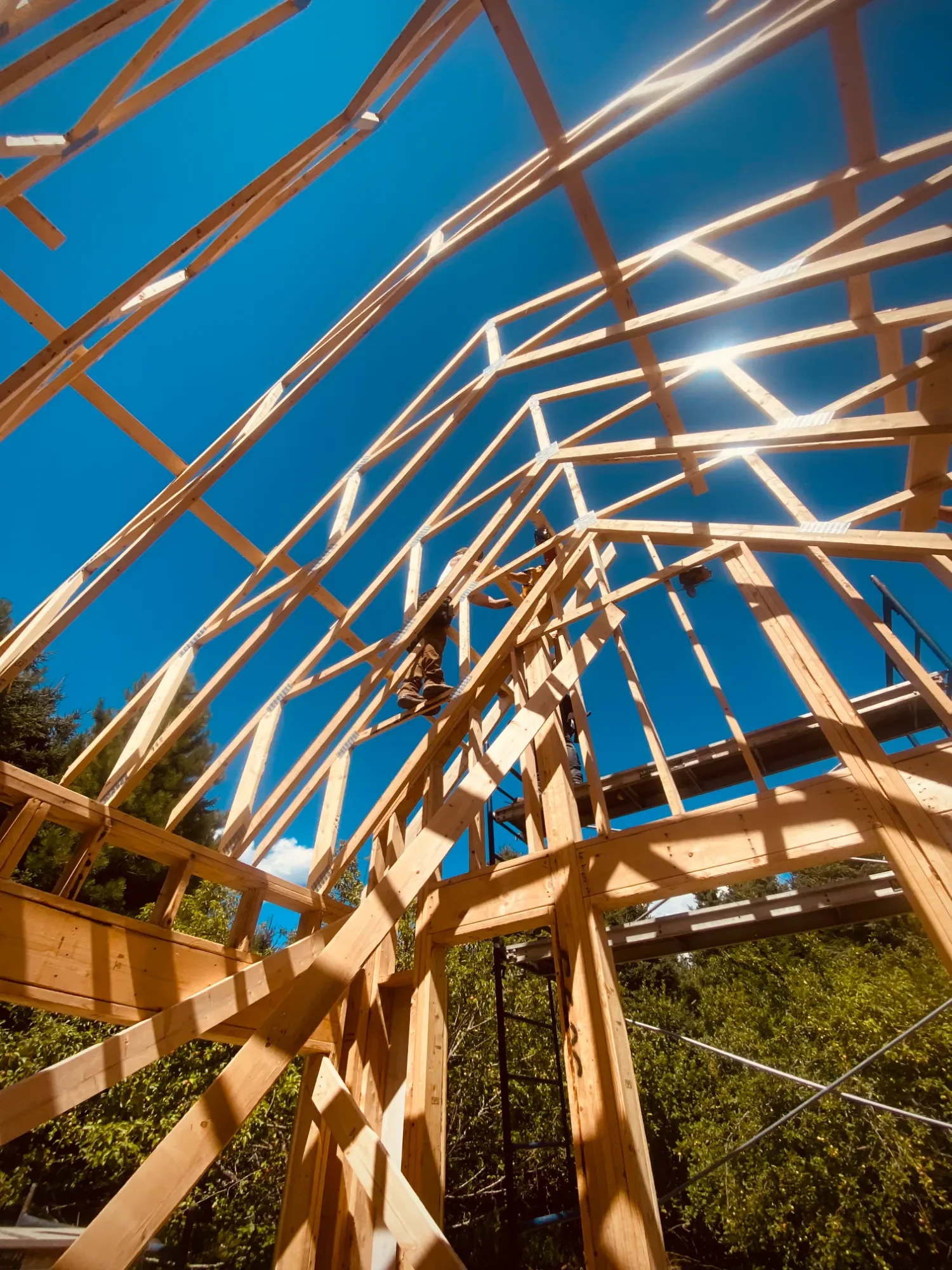Wooden framing of a building under construction with a clear blue sky in the background.