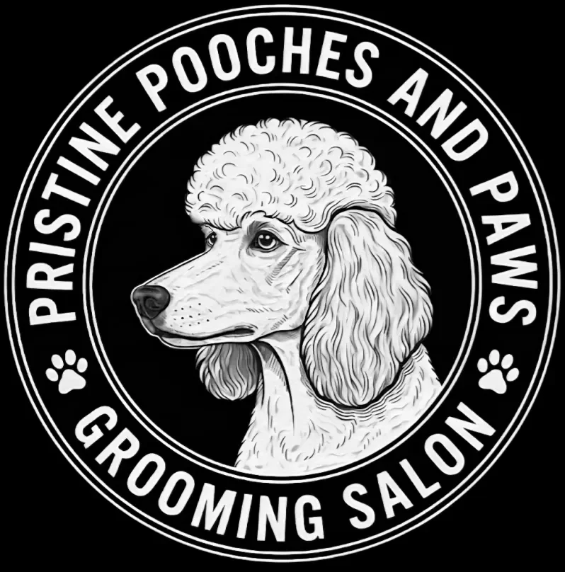 Logo for a grooming salon featuring a drawing of a dog's head, with a woolly coat on the top and long ears, surrounded by a circular border with the text 'Pristine Pooches and Paws' and 'Grooming Salon' along with paw print icons.