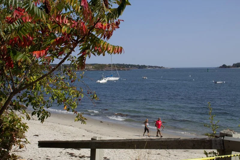 Two people walking on a sandy beach near the water with sailboats and small boats in the distance, bordered by trees with reddish and green leaves.
