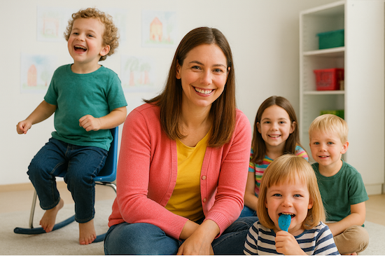 Lachende Pädagogin und Kinder