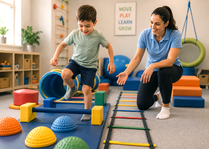 Ergotherapeutin arbeitet spielerisch mit einem Kind auf dem Boden und unterstützt Sensorische Integration, motorische Entwicklung und alltagsrelevante Fähigkeiten in einer Therapieeinheit.