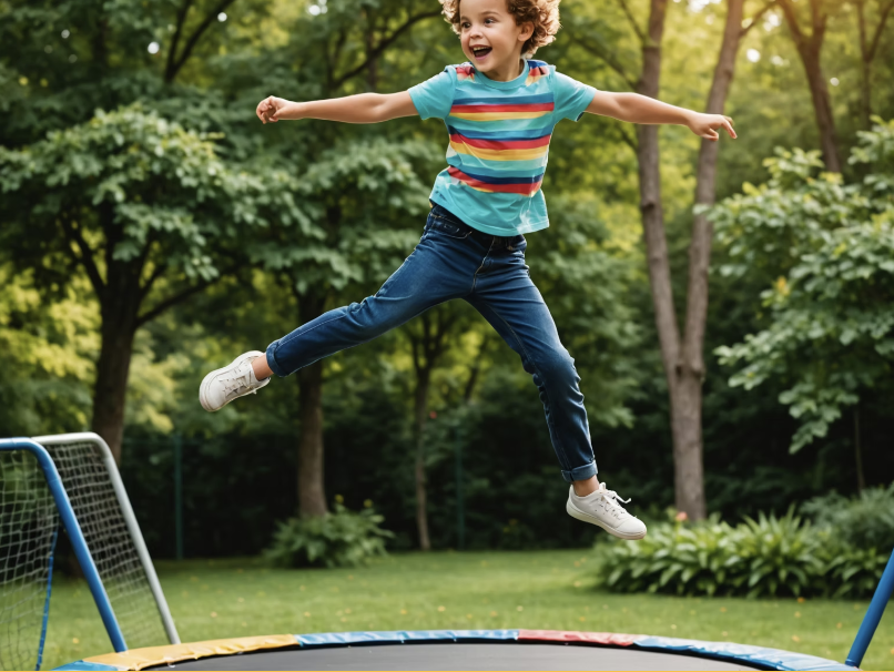 Kind springt lachend auf einem Trampolin im Garten