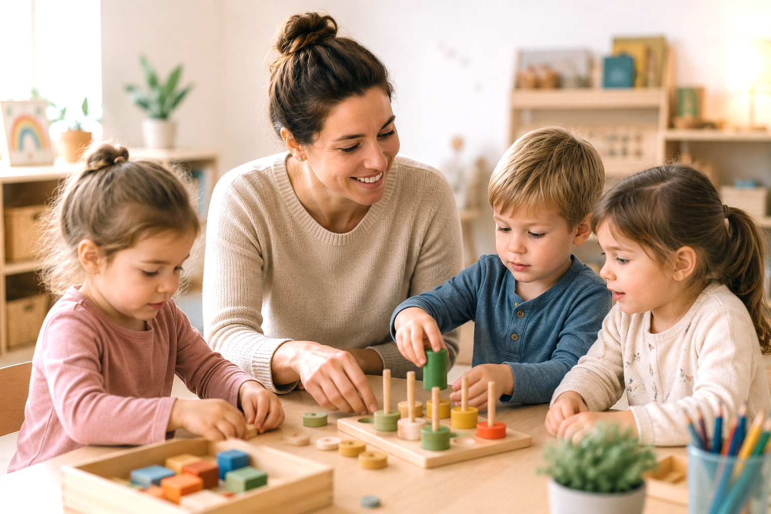 Kindergartenpädagogin spielt mit Kindern am Tisch und fördert spielerisch Konzentration, Kreativität und frühkindliche Entwicklung durch gemeinsames Bauen mit Bausteinen.