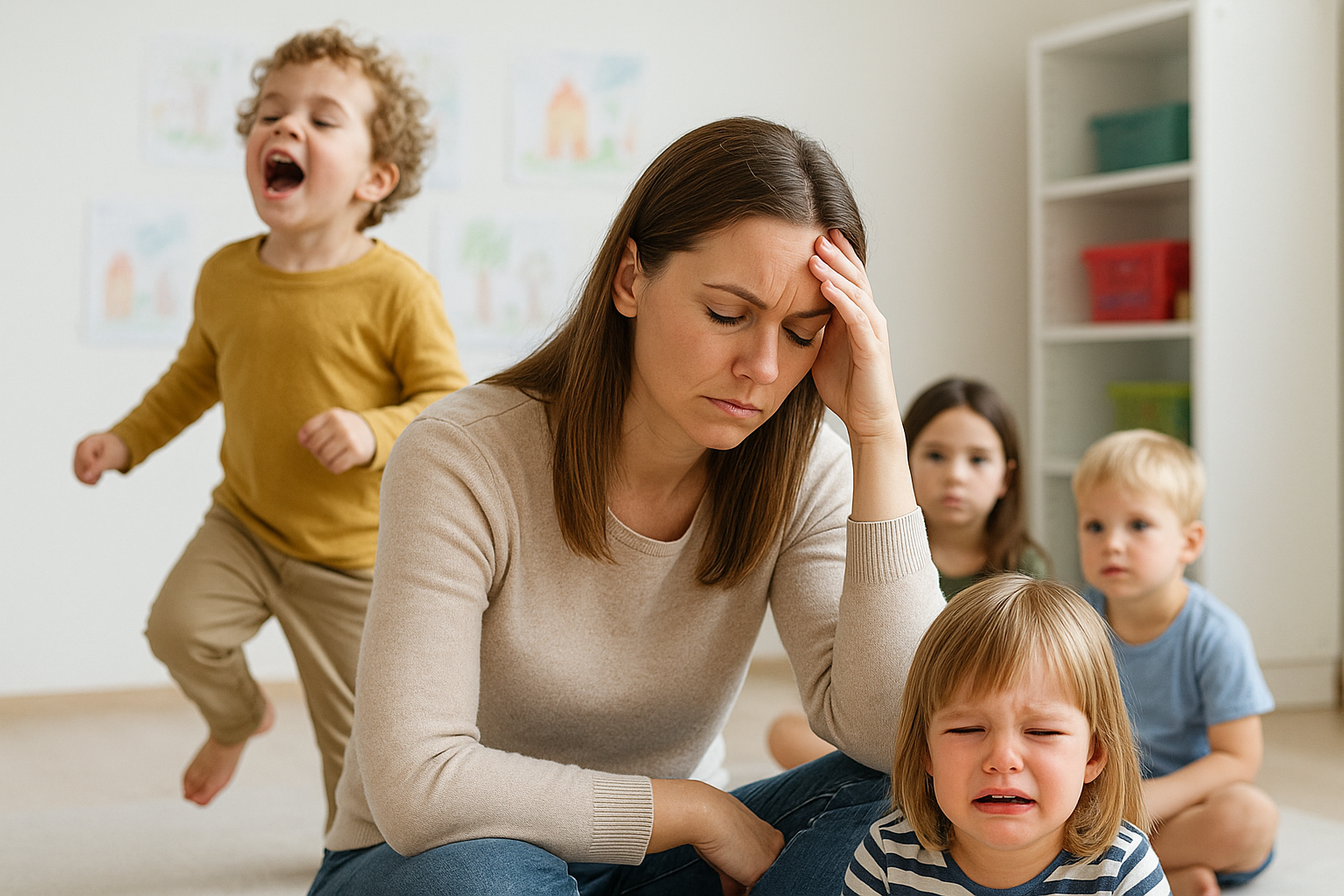 Pädagogin mit tobenden und weinenden Kindern