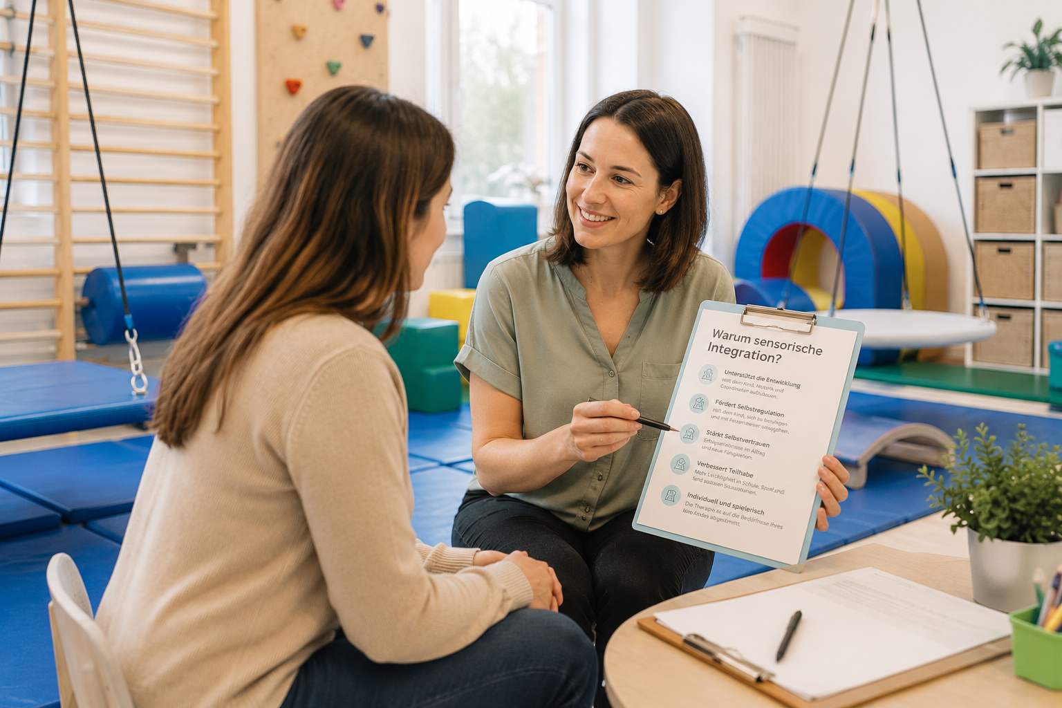 Ergotherapeutin im Gespräch mit Eltern über sensorische Integration Therapie