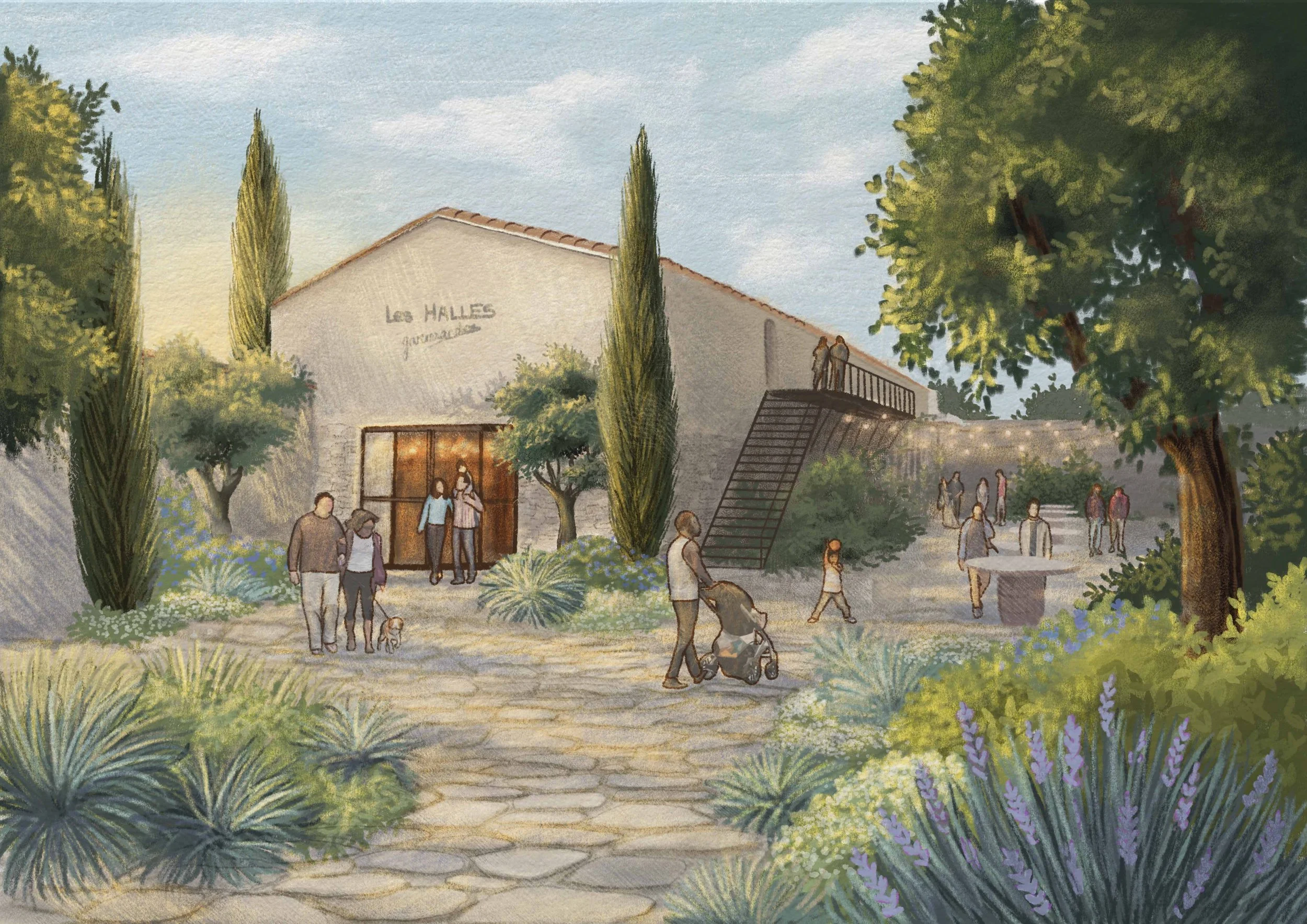 Une illustration d'un domaine viticole en Provence avec des personnes se promenant, des arbres et des arbustes autour d'un bâtiment nommé "Les HALLES".