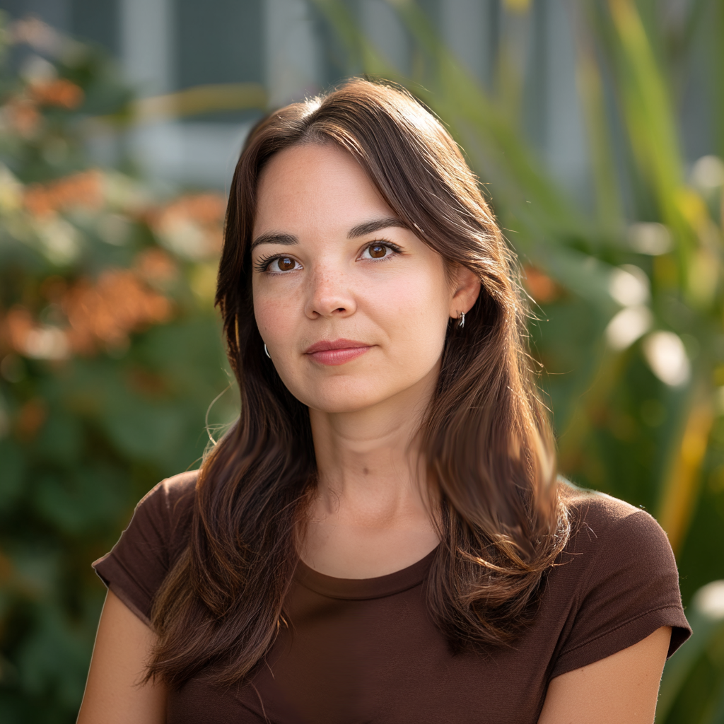 Jeune femme aux cheveux bruns, portant un t-shirt marron, posant en extérieur avec un fond de végétation floue, éclairée par la lumière naturelle.