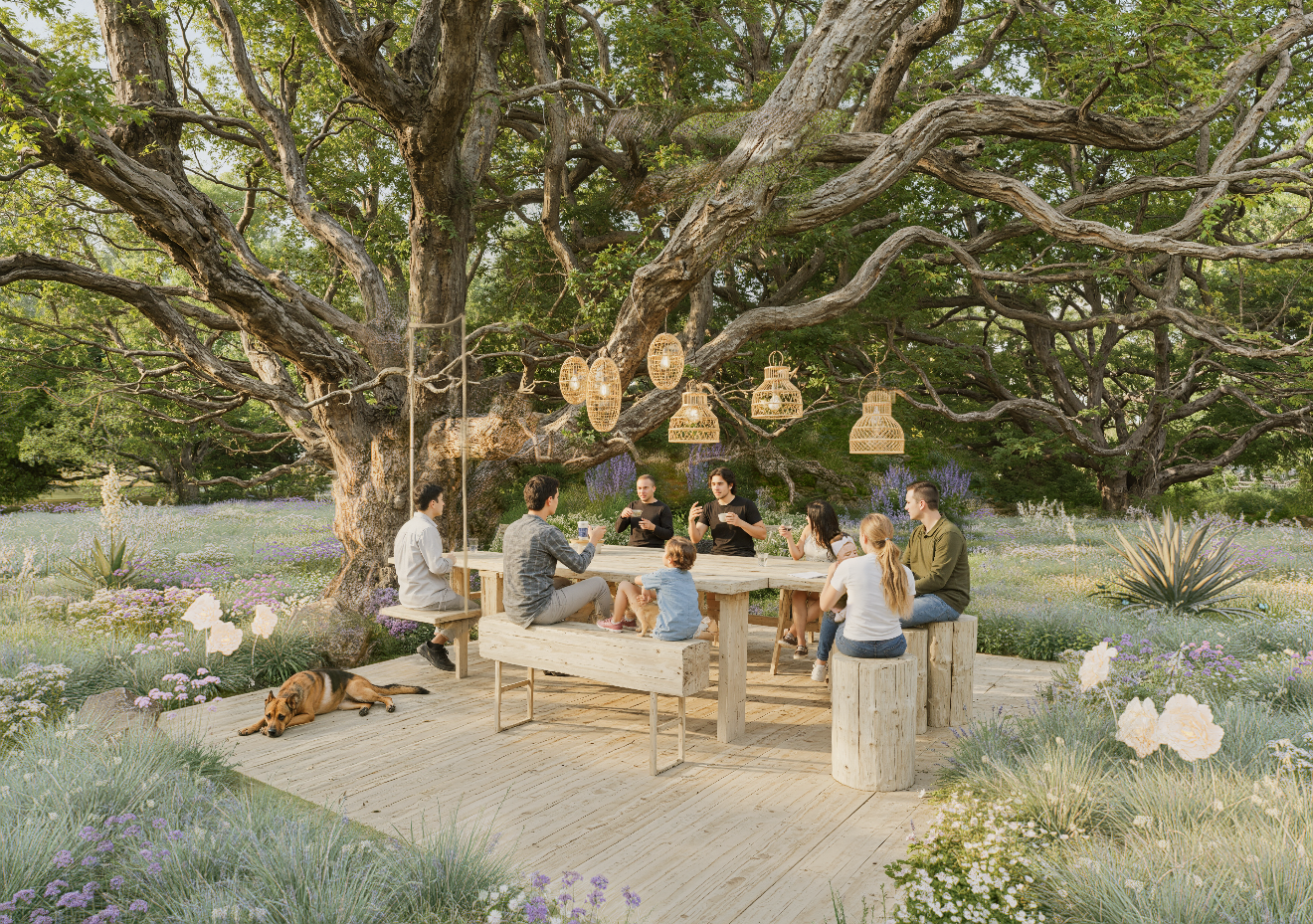 Groupe de personnes assises dans un salon à manger d'extérieur en bois, avec des chaises de différentes tailles, une balançoire et des lampes en rotin, dans un jardin méditerranéen fleuri, sous un chêne, avec un chien allongé sur le sol.
