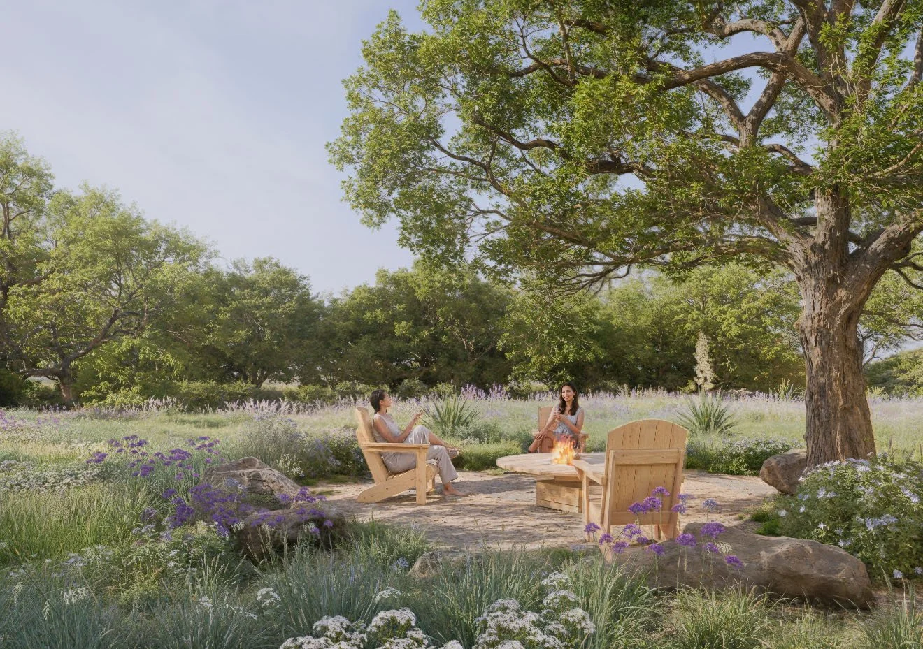 Aménagement paysager sobre et naturel d'un salon extérieur avec brasero en région méditerranéenne