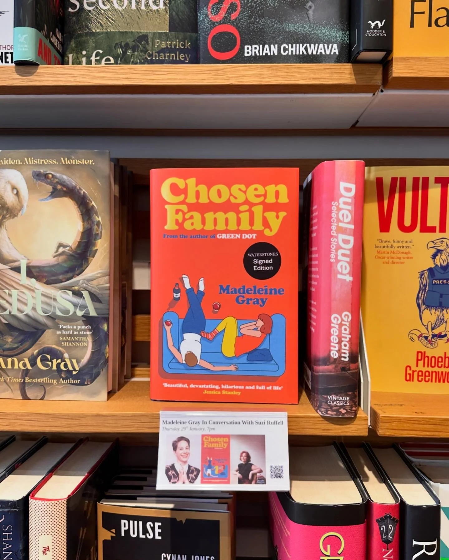 Bookshelf featuring the novel 'Chosen Family' by Madeleine Gray, a pink book titled 'Duel Duel' by Graham Greene, and a yellow book 'VULT' by Phoebe Greenwolf.