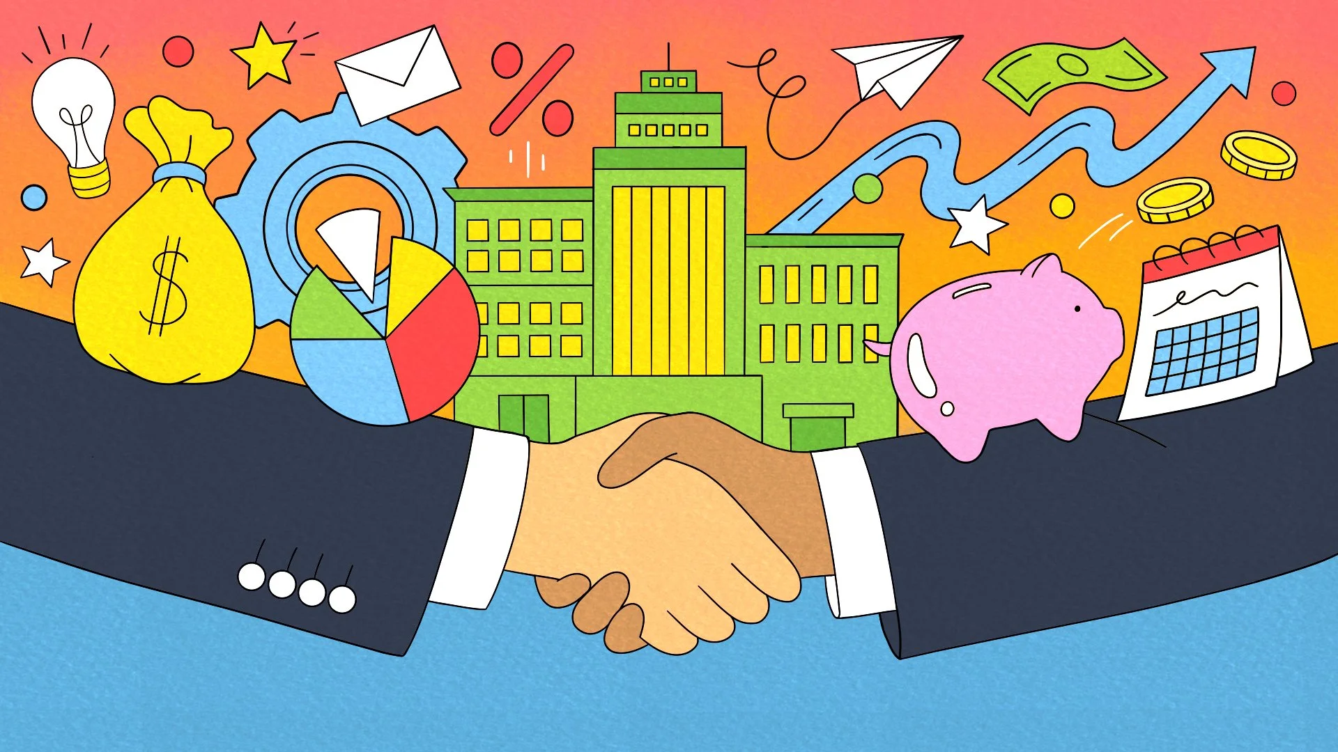Illustration of two hands shaking in front of a colorful background with business and financial icons such as a lightbulb, money bag, pie chart, dollar sign, piggy bank, calendar, building, and upward arrow.