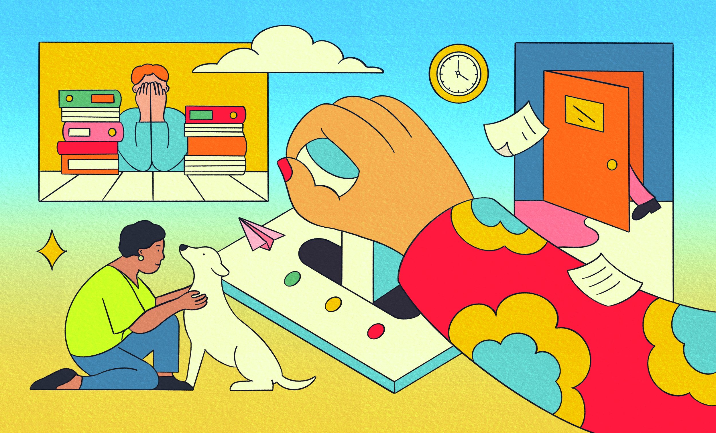 A colorful digital illustration depicting a person kneeling to pet a dog, and a large hand dropping papers into a box with a hatch behind it. In the background, there is a woman behind stacks of books, a clock on the wall, and a door slightly open. T