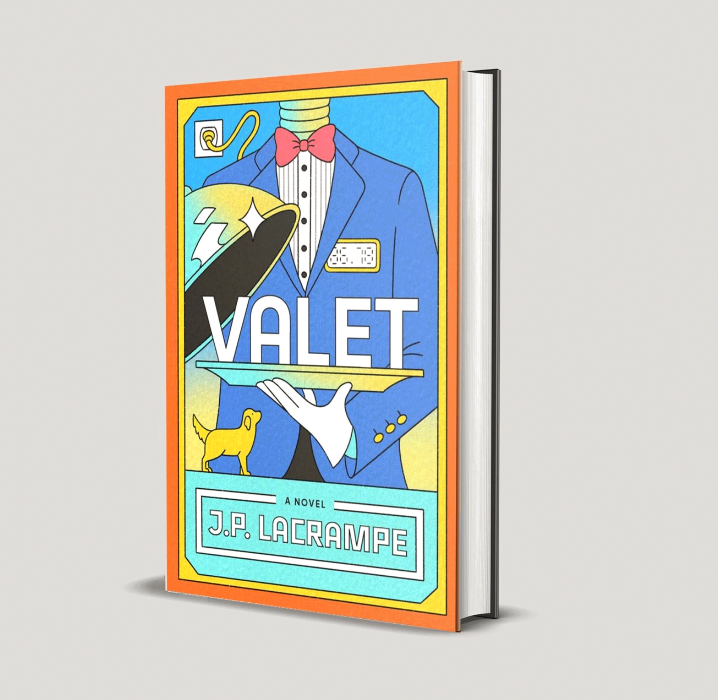 Book cover for 'Valet' by J.P. LaCrampe featuring an illustrated valet in a blue suit with a pink bowtie, holding a tray, against a colorful background.