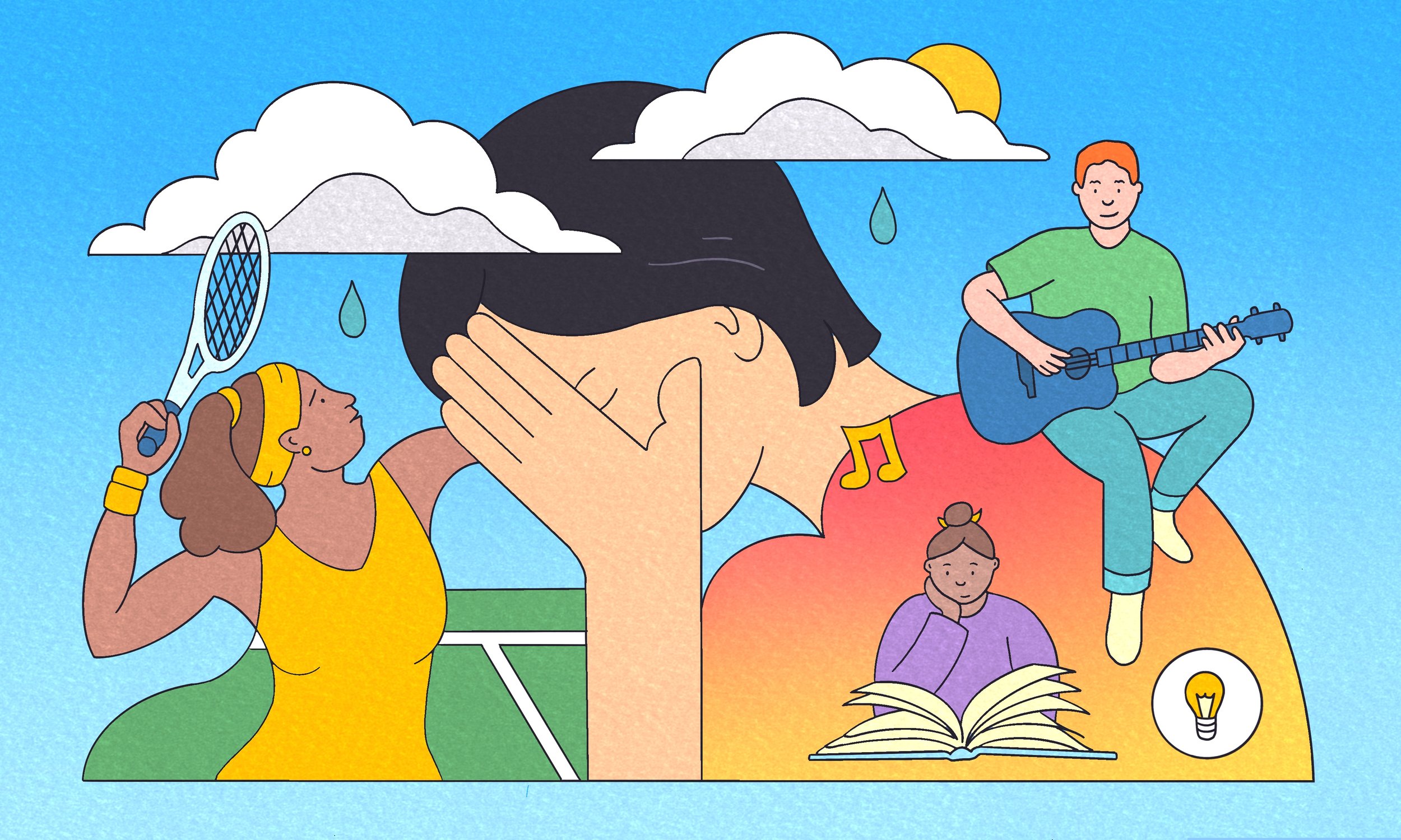 A colorful illustration of a person with closed eyes and hands covering ears, surrounded by scenes of rain and sunshine, a girl playing tennis, a woman reading a book, and a man playing guitar, symbolizing different states of mind and activities.
