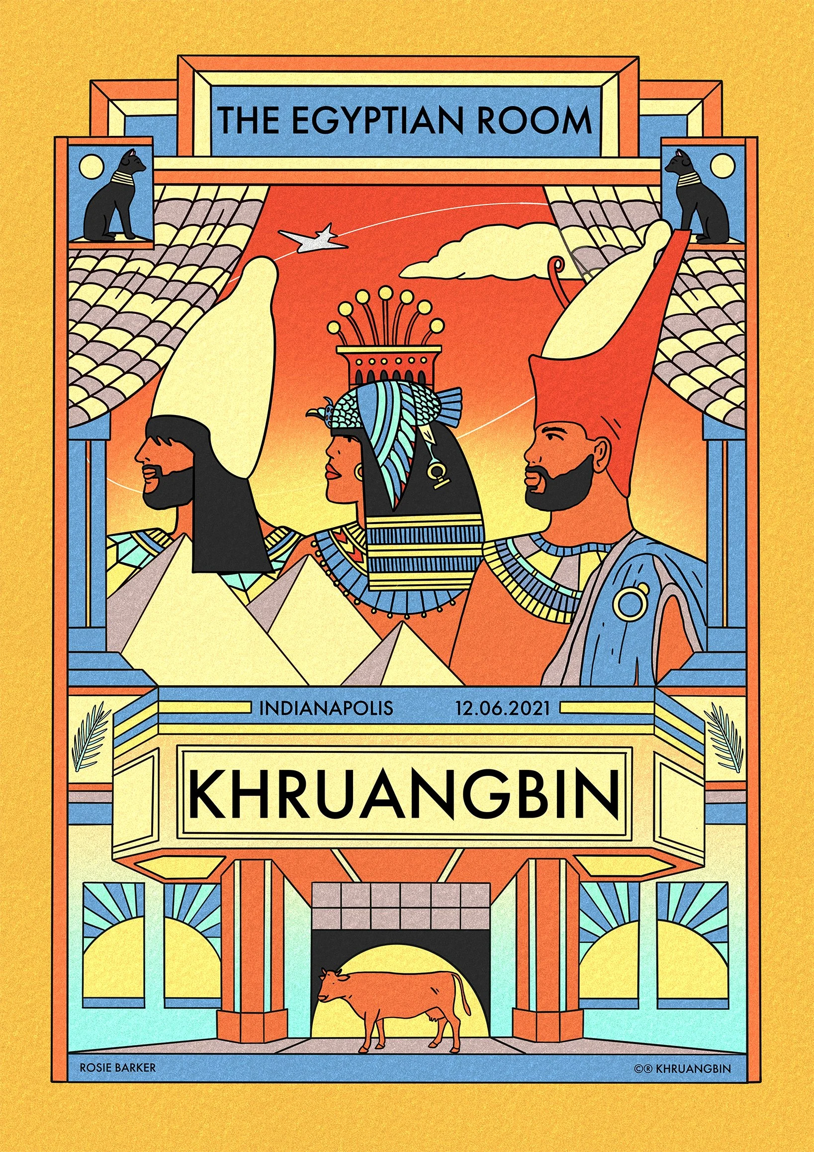 Colorful poster promoting a cultural event called Khuangbin at The Egyptian Room in Indianapolis on December 6, 2021. The poster features stylized illustrations of Egyptian and African figures, pyramids, a cat, a buffalo, and decorative elements.