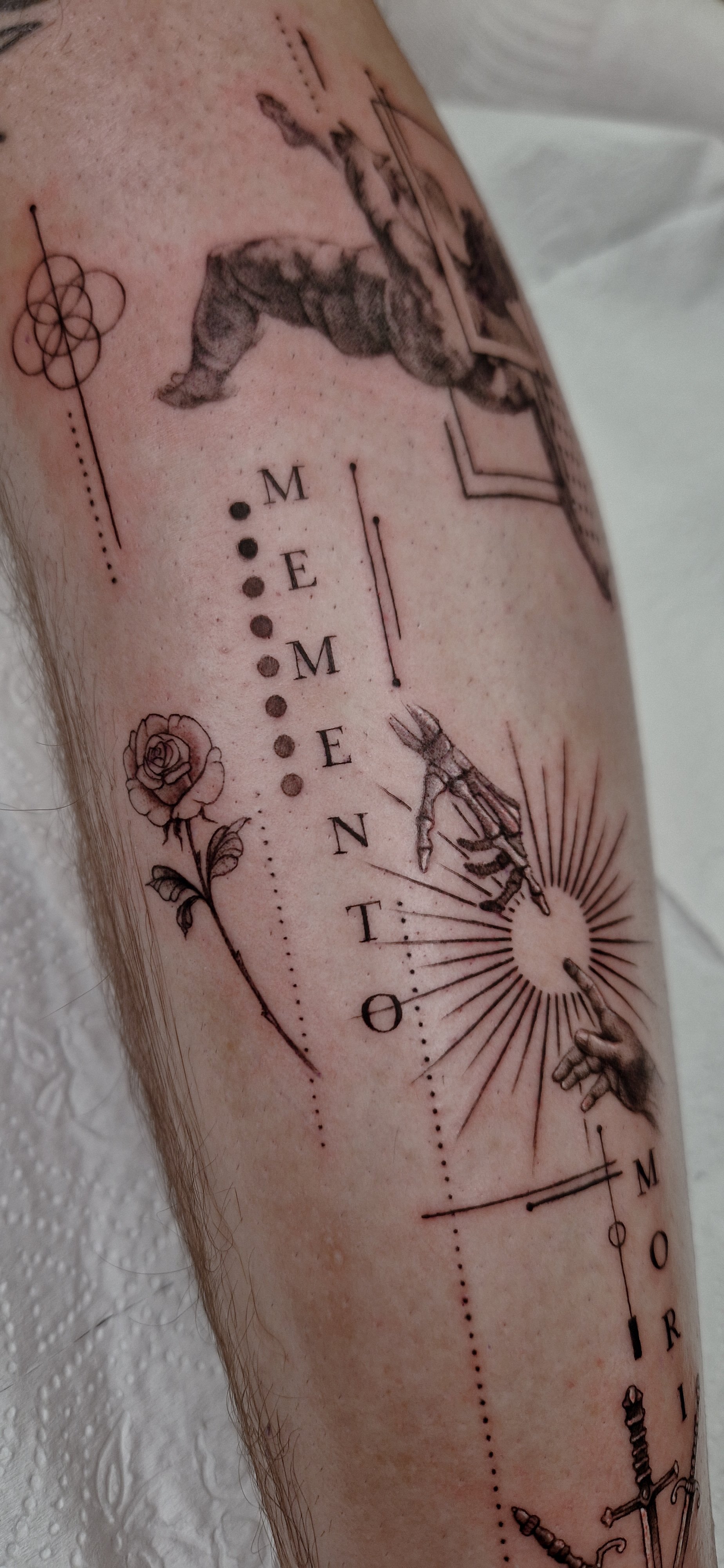 Micro-realism concept piece with script and fine line geometric details.