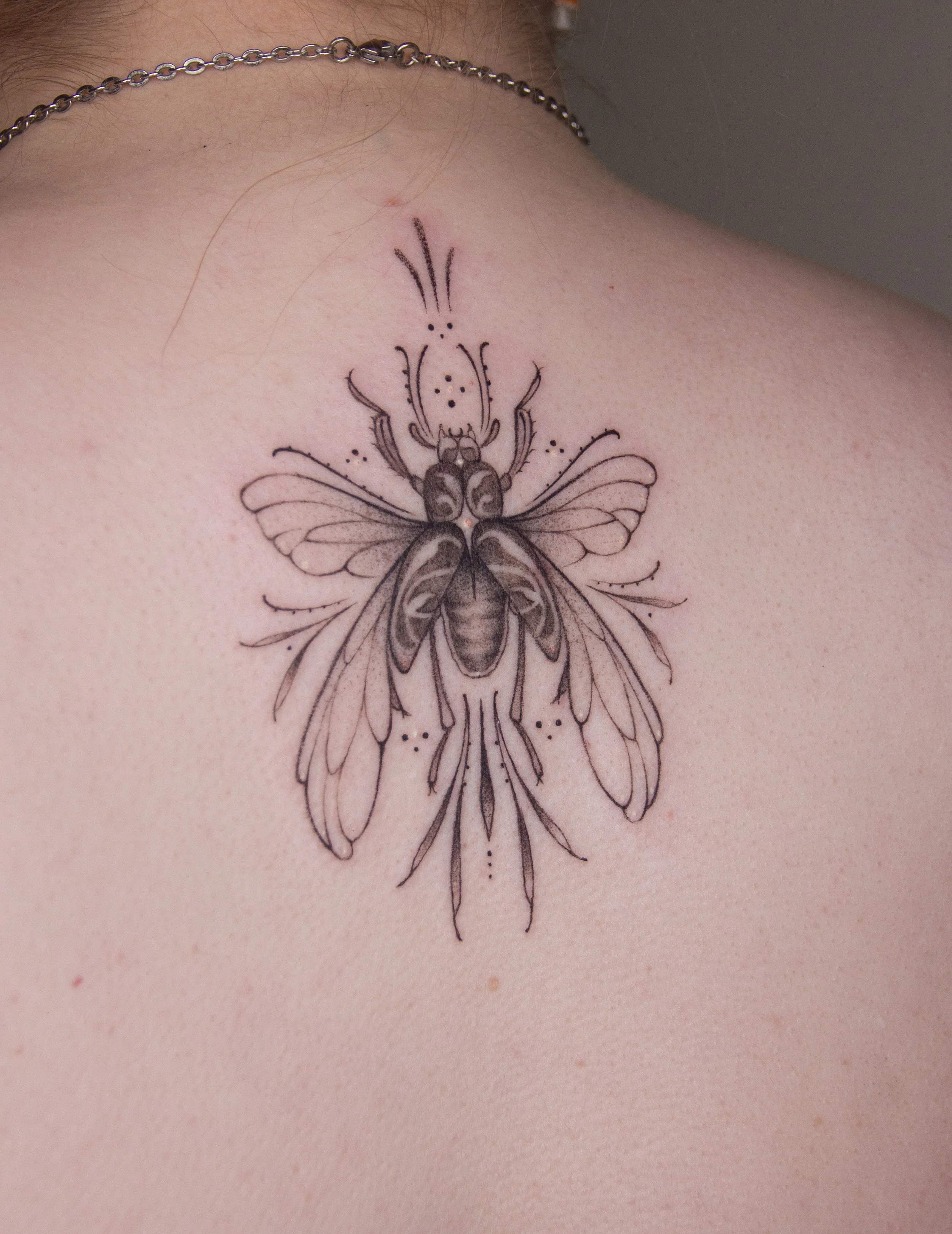 Delicate fine line tattoo of a beetle in a soft black and grey style with ornamental details.