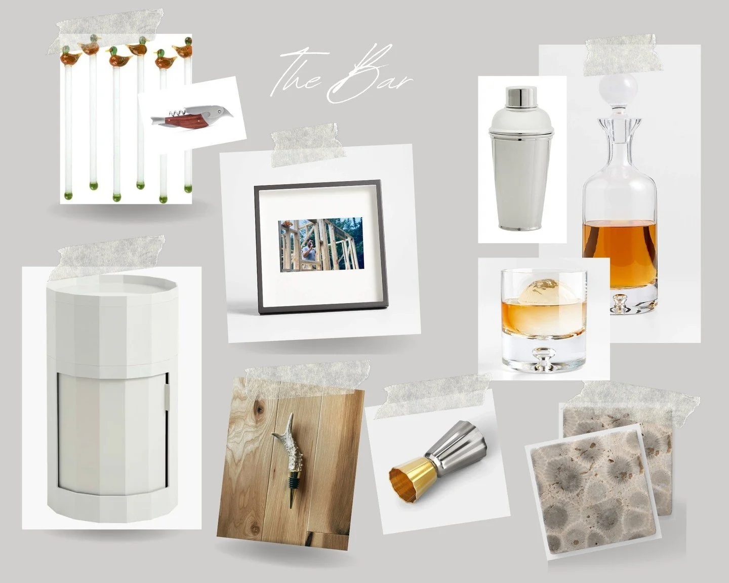 Limited space, but endless fun at the little bar area to come. 

A HAY side table with door to stow things away, mallard drink stirrers, bird corkscrew, some antler bottle stops, Petoskey stone coasters, vintage shaker and decanter, and classic drink