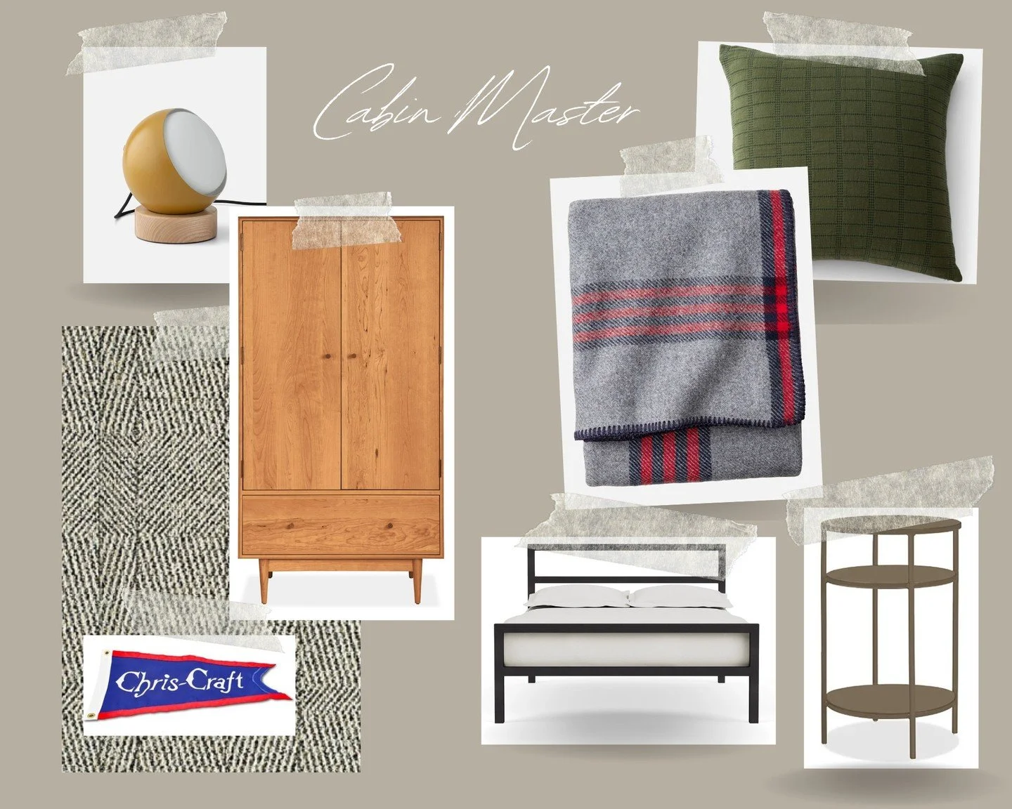 Master plan for the primary - some classic plaid, forest green, tweed, and a dash of Chris Craft to tie it all together. 

Pieces featured include furniture from Room&amp;Board, carpeting from FLOR, Schoolhouse lamp and throw pillows, bedding from th