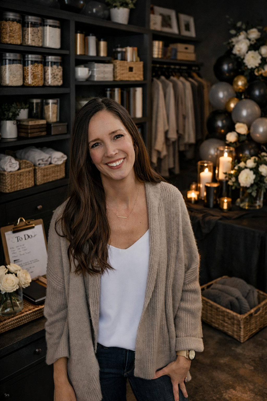 Headshot of designer in front of products