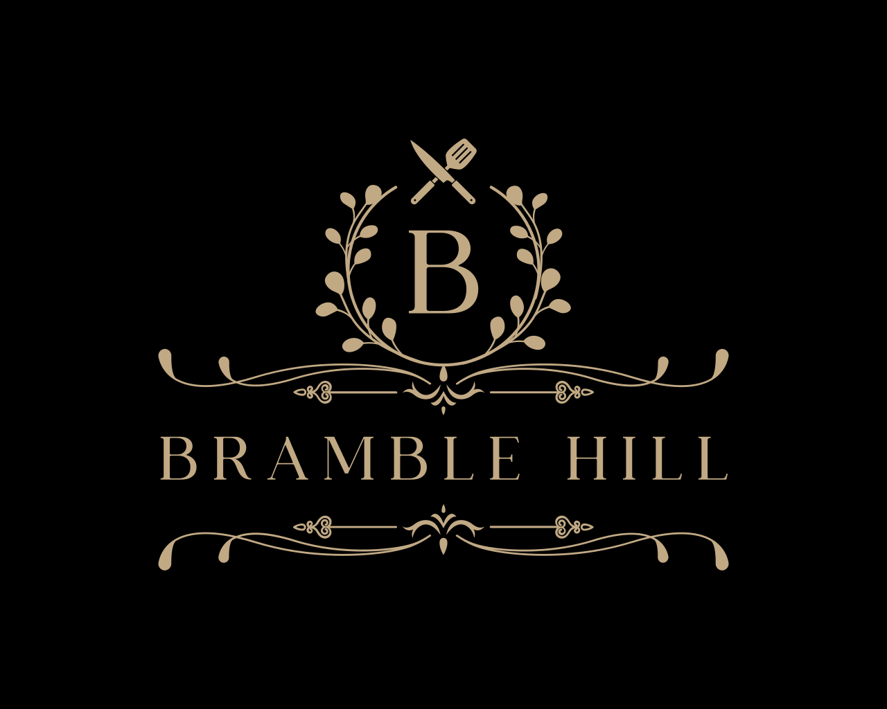 Logo for Bramble Hill featuring a large letter 'B' encircled by a laurel wreath, topped with a knife and fork crossed, with elegant decorative flourishes and the text 'BRAMBLE HILL' beneath.