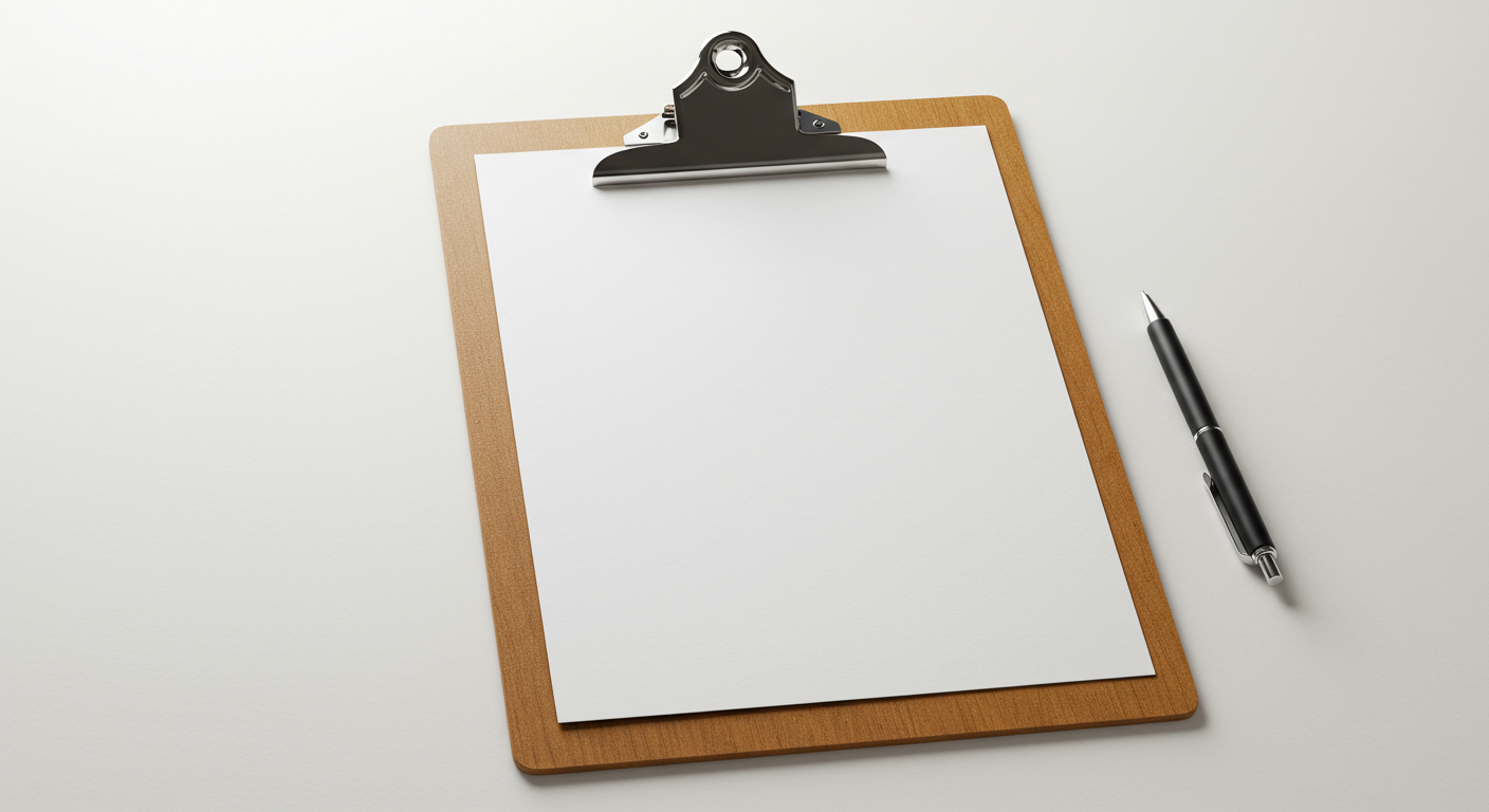 Clipboard with a blank sheet of paper on a wooden surface, accompanied by a black pen.