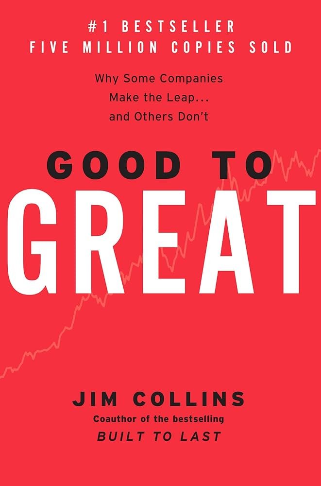 Cover of a book titled 'Good to Great' by Jim Collins with a red background, black and white text, and a faint line graph in the background.