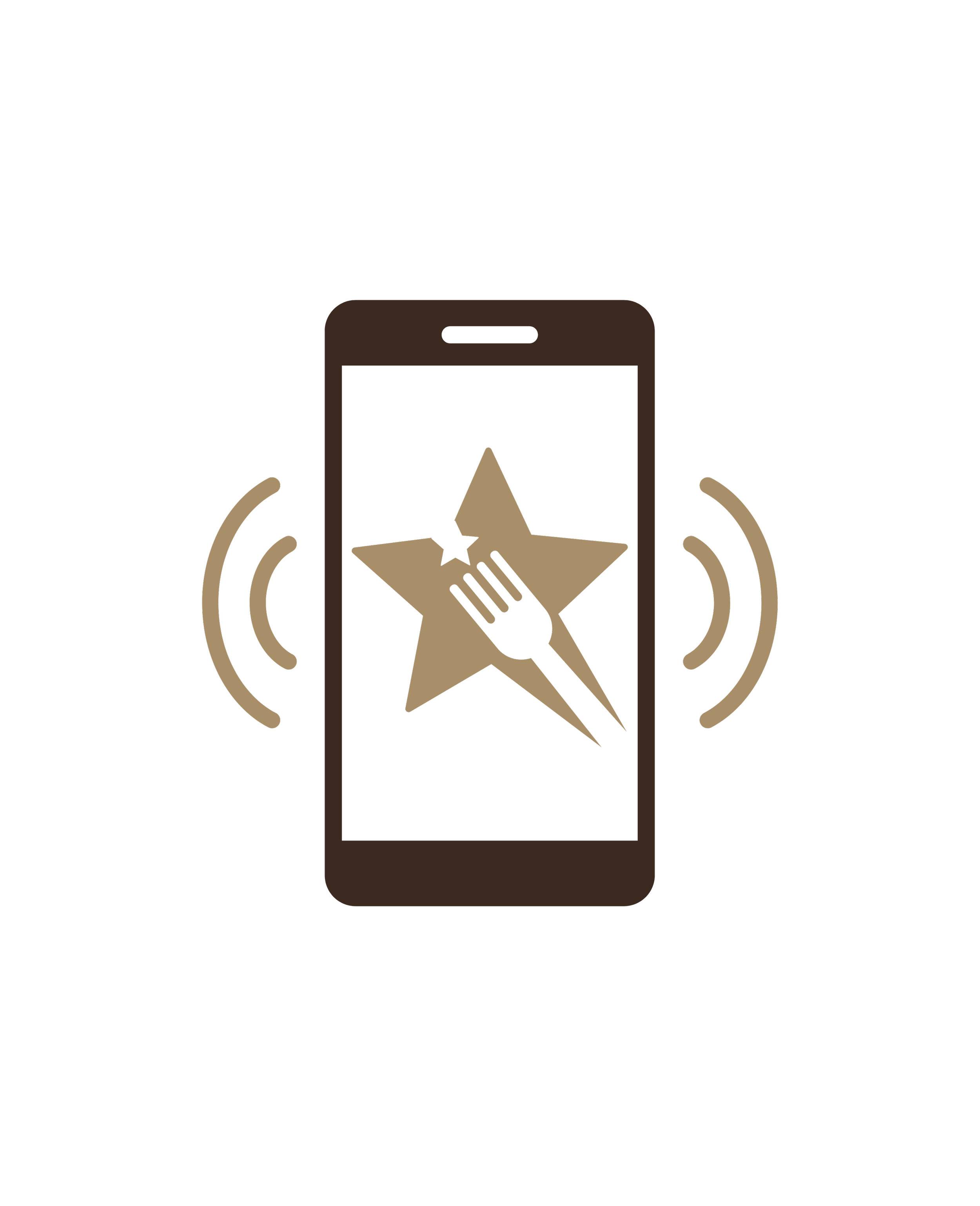 Smartphone with star and fork icon, indicating food delivery or ordering, surrounded by signal waves.