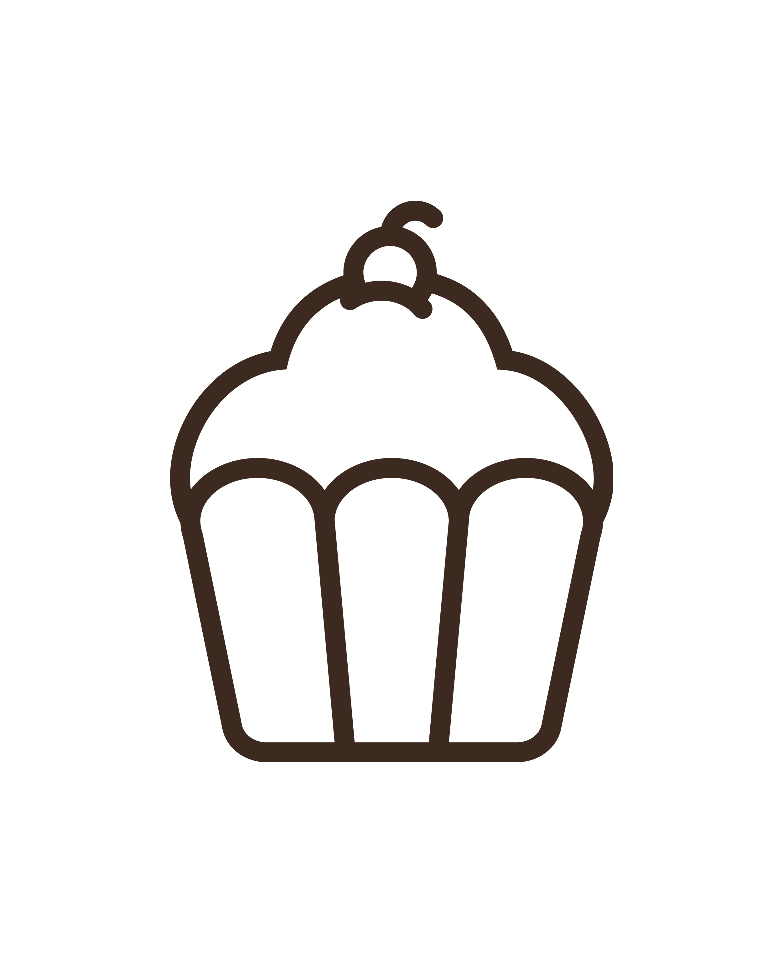 Outline drawing of a cupcake with a cherry on top on a black background.