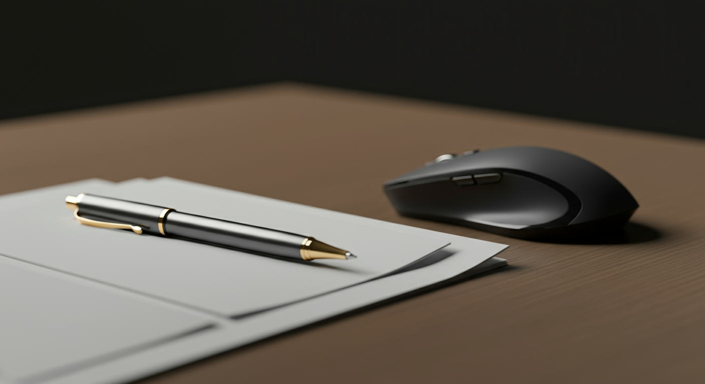A black and gold pen resting on a white notepad and a black computer mouse on a brown wooden desk.